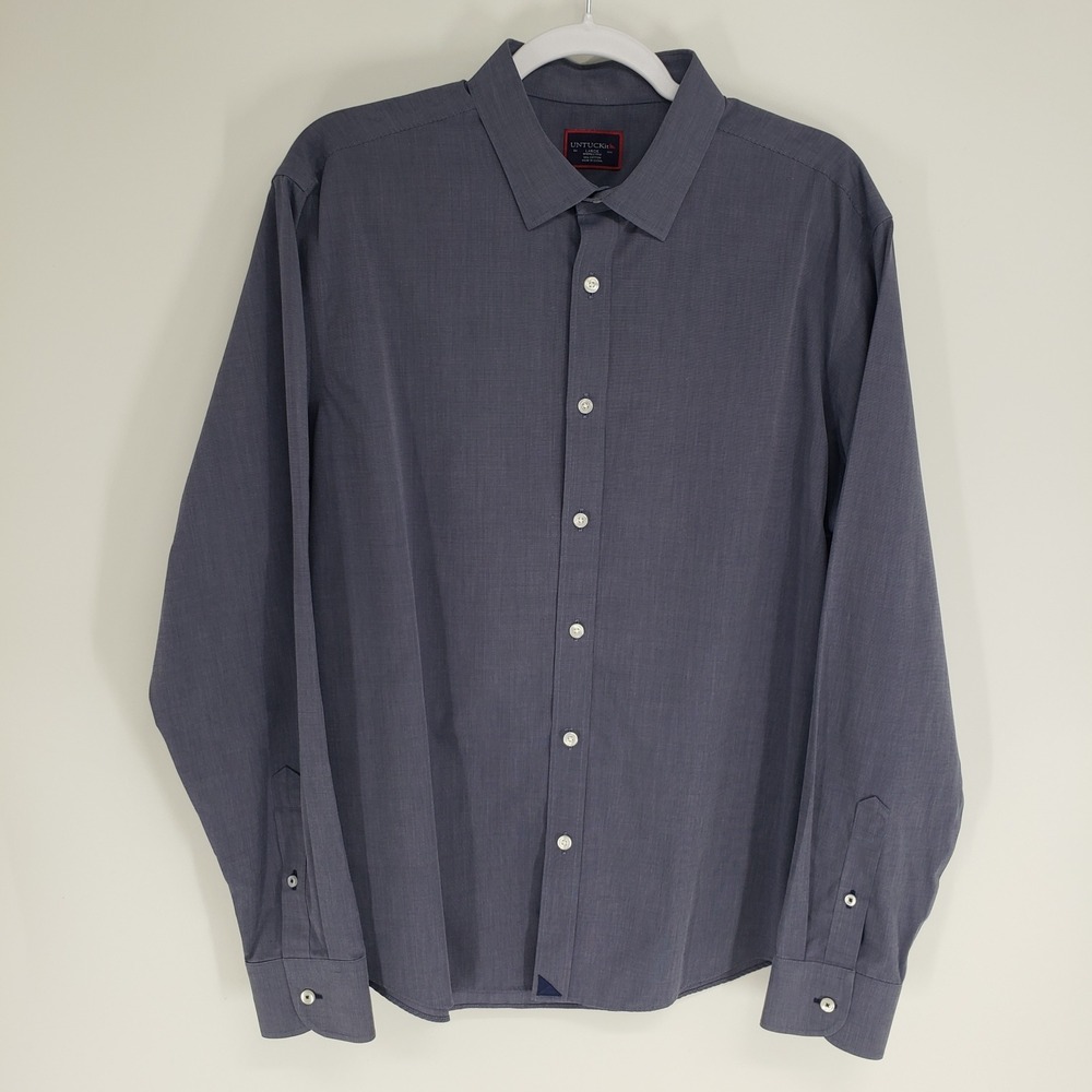 UNTUCKit Button Down Dress Shirt Mens Large Navy Long Sleeve Wrinkle Free Cotton